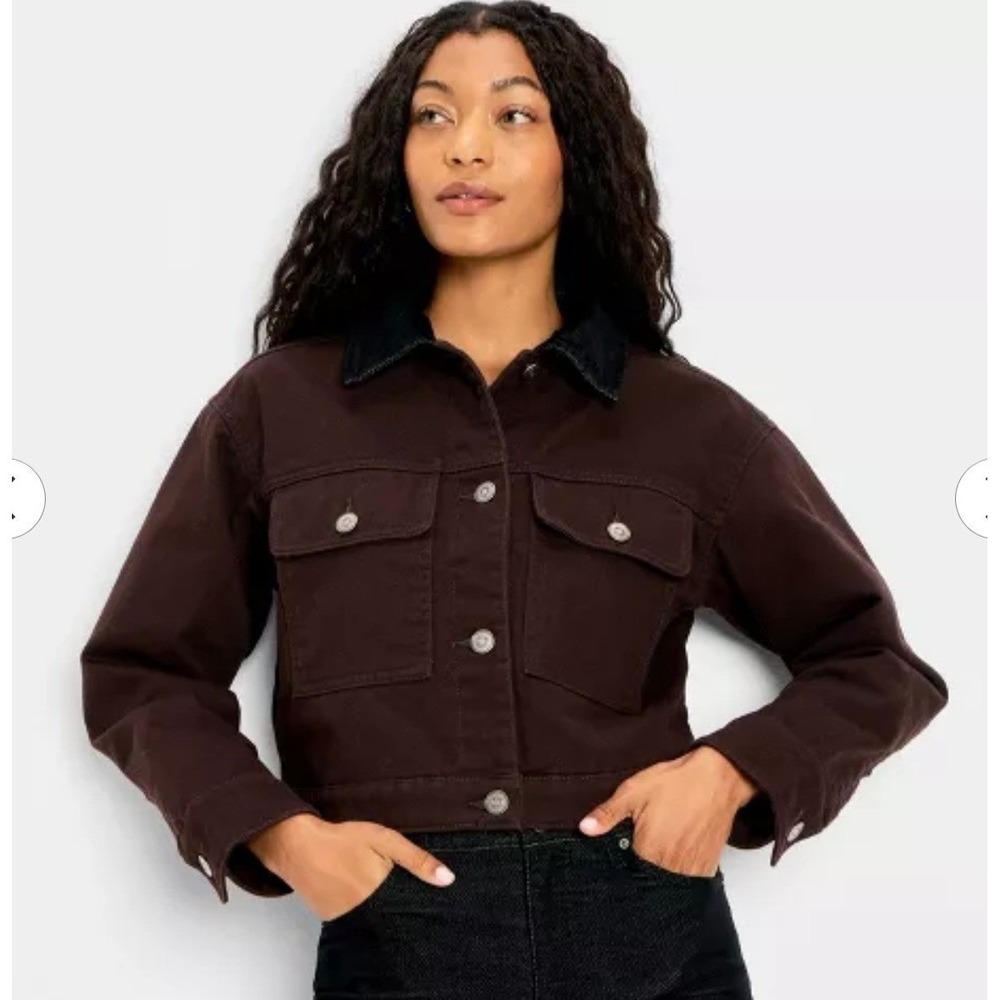 Future Collective Brown Cropped Quilted Denim Jacket with Corduroy Collar Small